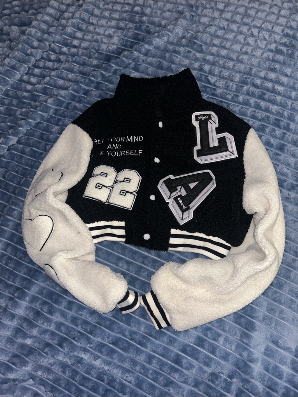 Black & White Cropped Sherpa Varsity Jacket with Patch Details